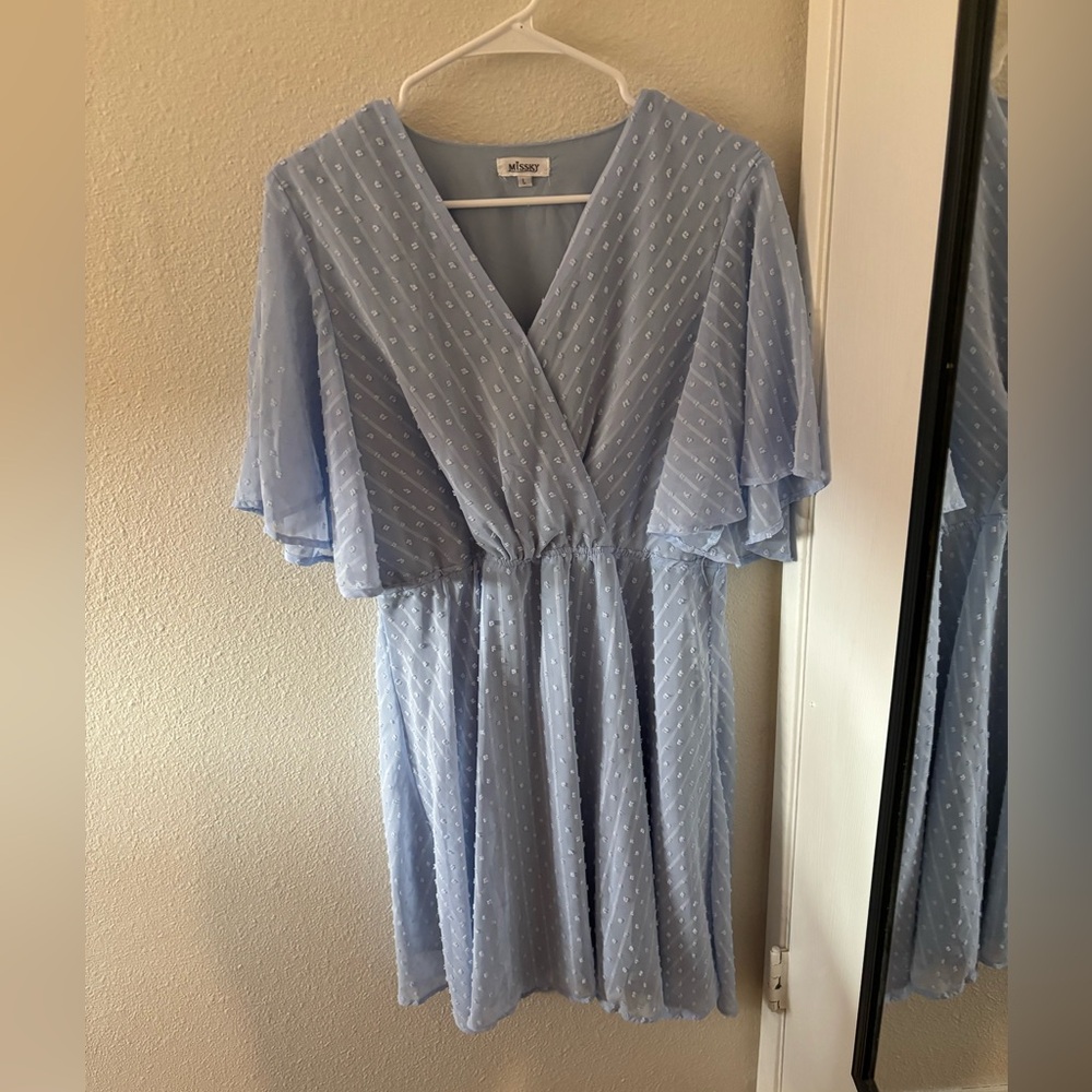 Light Blue Swiss dot Dress, Short Flutter Sleeve, Size Large, Brand Missky,